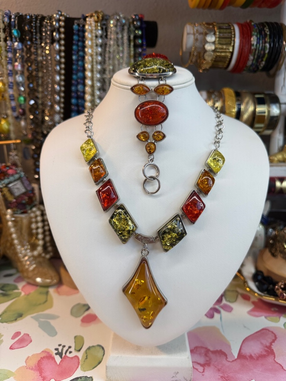 Vintage Boho Baltic Amber Multi Colored Silver Tone Necklace 22” & Bracelet
